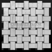 Carrara Marble Italian White Bianco Carrera Basketweave Mosaic Tile with Negro Marquina Black Dots Honed