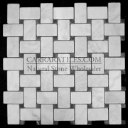 Carrara Marble Italian White Bianco Carrera Basketweave Mosaic Tile with Nero Marquina Black Dots Tumbled