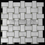 Carrara Marble Italian White Bianco Carrera Basketweave Mosaic Tile with Green Dots Honed