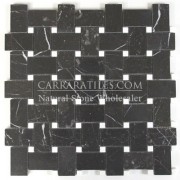 Nero Marquina Black Marble Basketweave Mosaic Tile with White Dots Polished