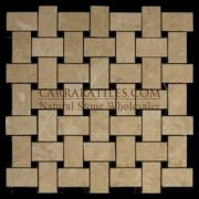 Crema Marfil Marble Basketweave Mosaic Tile with Nero Marquina Black Dots Polished