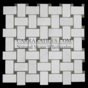 Statuary Marble Italian White Statuario Basketweave Mosaic Tile with Green Dots Polished