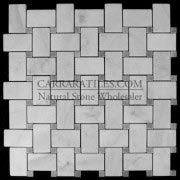 Carrara Marble Italian White Bianco Carrera Basketweave Mosaic Tile with Bardiglio Gray Dots Polished