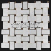 Carrara Marble Italian White Bianco Carrera Basketweave Mosaic Tile with Dark Emperador Dots Polished