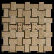 Crema Marfil Marble Basketweave Mosaic Tile with Green Dots Polished